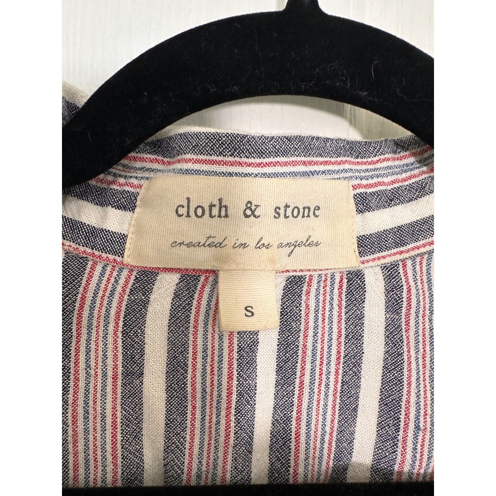 Cloth & Stone Striped Tie Front Linen Blend Button Down Shirt Navy Red White S - Picture 2 of 5